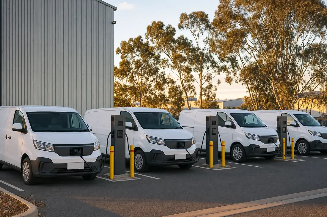 Electric vans charging at dual-port commercial AC charging towers with bollards at a Perth depot