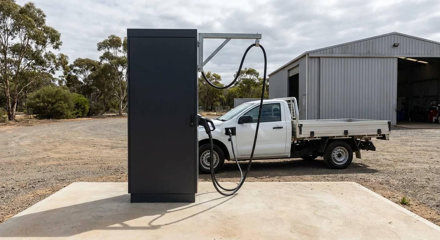 A DC fast charging cabinet beside a parked vehicle at a Perth commercial site