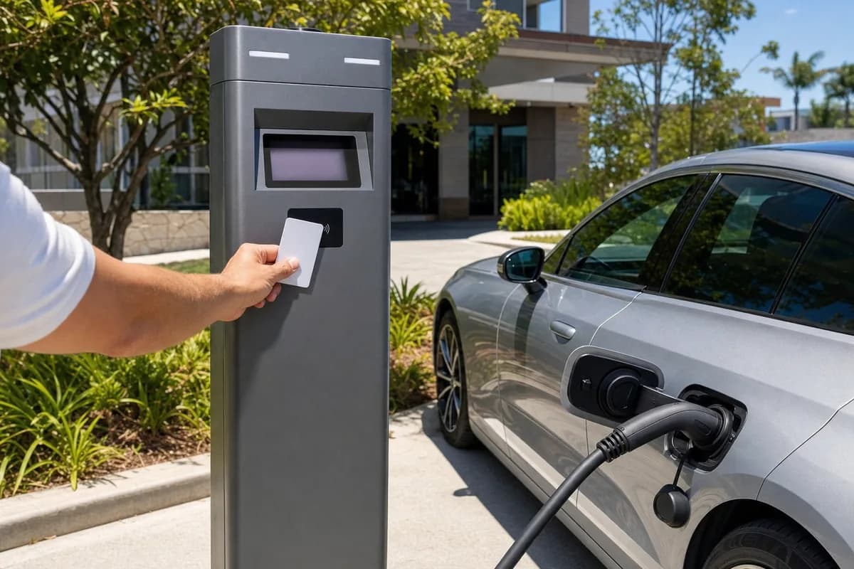 A driver tapping a bank card on the reader of a commercial EV charger